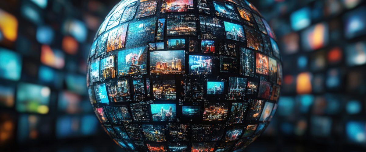 A digital sphere made of multiple floating screens displaying various news and entertainment content, representing the global reach of media advertising through social networks. The black background adds focus to the central globe with its array of images, symbolizing the vast audience for marketing on YouTube. This visual metaphor showcases video streaming as an iconic platform in modern online technology and branding. --ar 25:14 --stylize 750 --v 6.1 Job ID: 5e30e18c-8fa6-463c-8598-86d16cedfa67